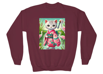 Geisha Kitten Strolls Among the Spoonbills Youth Crewneck Sweatshirt