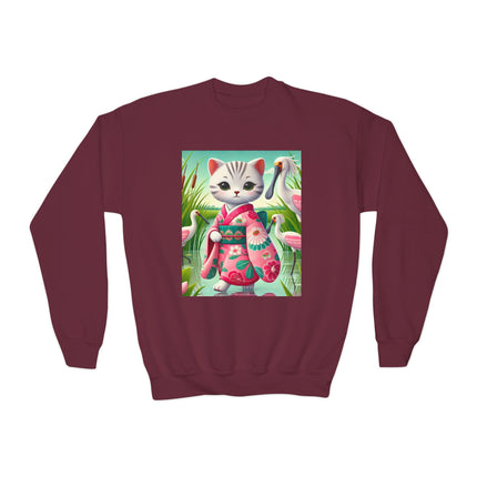 Geisha Kitten Strolls Among the Spoonbills Youth Crewneck Sweatshirt – Grace, Nature & Whimsical Elegance