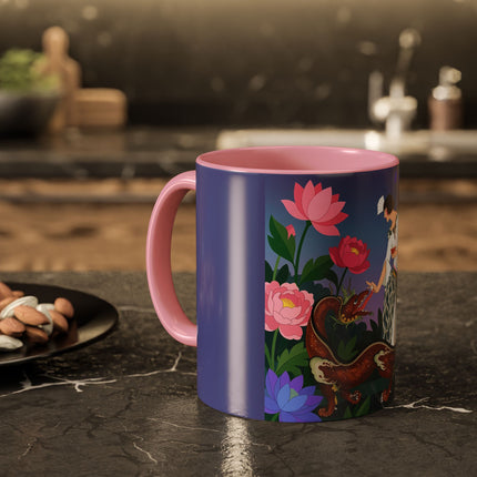 The Lady And The Garden Dragon Colorful Mugs – Art Deco Mythical Botanical Elegance