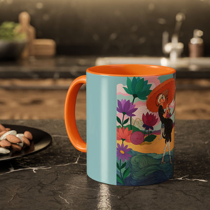 The Lady Of The Coral Parasol Colorful Mugs – Art Deco Coastal Elegance