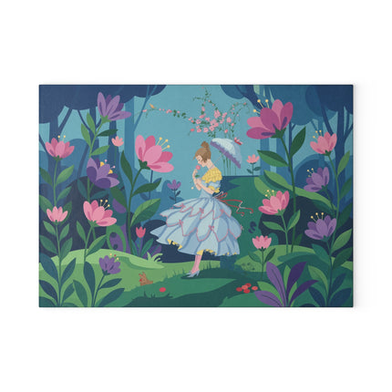 🌸🐇 The Lady Of The Secret Flower Wood Glass Cutting Board – Art Deco Enchanted Garden Fantasy
