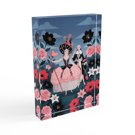 🌹🎀 The Lady Of The Grand Floral Masquerade Acrylic Art Block – Art Deco Fashion Whimsy