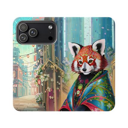 🦝✨ Cybernetic Red Panda Flip Case – Neon Charm & Futuristic Wonder