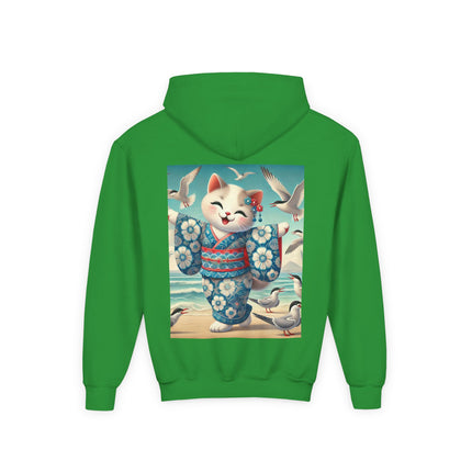 Geisha Kitten by the Seaside Youth Hooded Sweatshirt – Coastal Charm & Playful Style