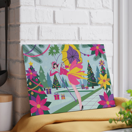 🌂✨ The Lady Of The Enchanted Christmas Garden Glass Cutting Board – Art Deco Holiday Fantasy
