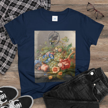 Still Life With Flowers, Fruit, A Great Tit And A Mouse by Herman Henstenburgh Women's Midweight Cotton Tee