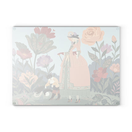 🌸🐈 The Lady And Puss In Boots Glass Cutting Board – Art Deco Floral Fashion Fantasy