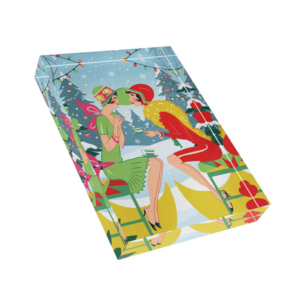 ☕🎄 Christmas Tea In The Snow Garden Acrylic Art Block – Art Deco Holiday Friendship