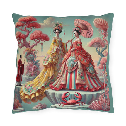 Cherry Blossom Courtesans & Crimson Crab Outdoor Pillows – Imperial Elegance & Playful Charm