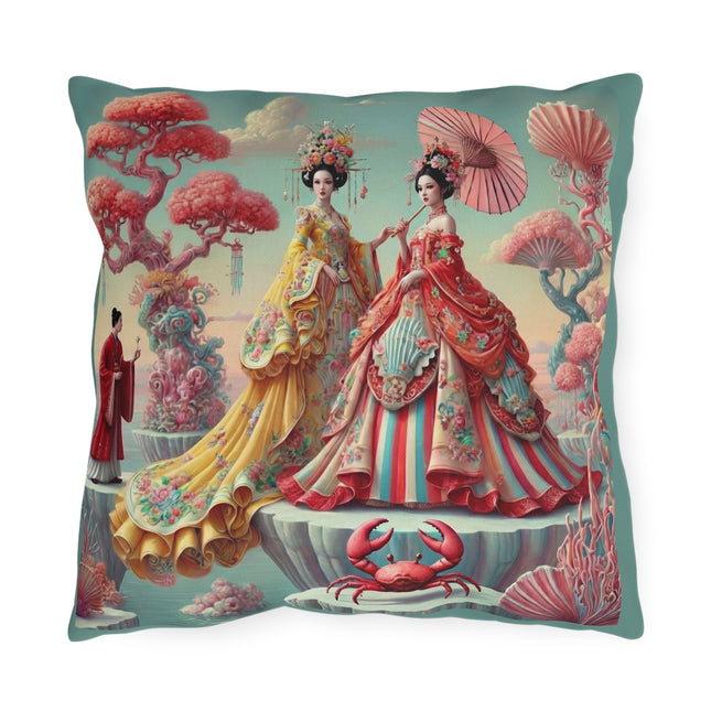 Cherry Blossom Courtesans & Crimson Crab Outdoor Pillows – Imperial Elegance & Playful Charm
