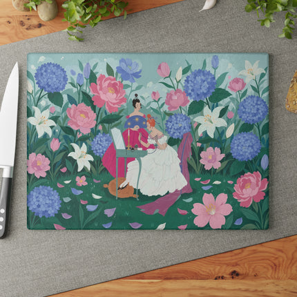 🌸🕯️ The Lady Of The Secret Garden Vanity Glass Cutting Board – Art Deco Floral Elegance
