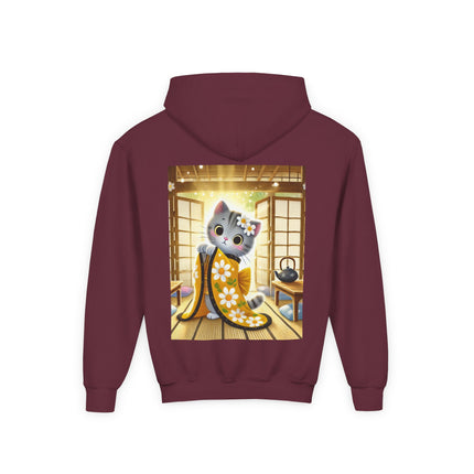 Playful Kitten in the Tea Room Youth Hooded Sweatshirt – Curiosity, Charm & Cozy Comfort