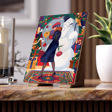 ☃️🌸 The Snowman's Christmas Companion Ceramic Tile – Art Deco Holiday Fantasy