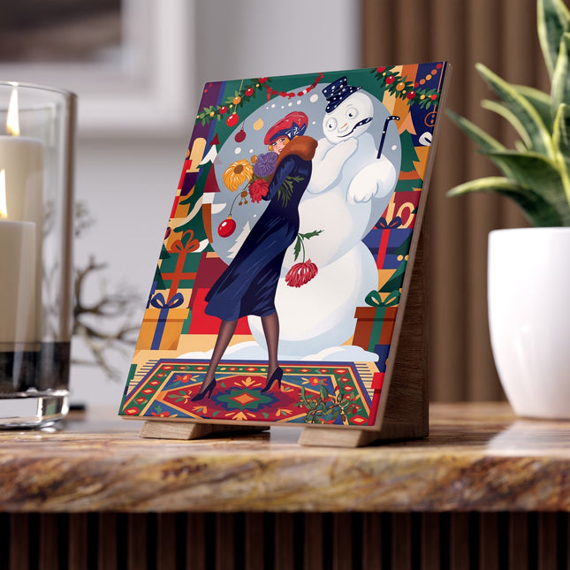 ☃️🌸 The Snowman's Christmas Companion Ceramic Tile – Art Deco Holiday Fantasy