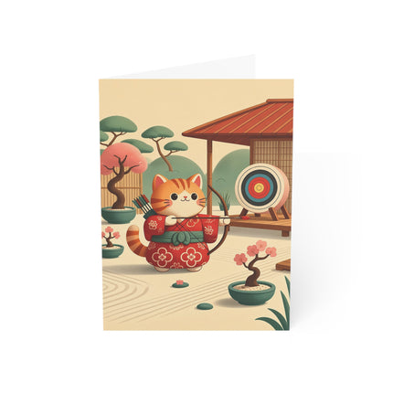 🏹🌸 The Cherry Blossom Archer Kitten Greeting Card – Whimsical Japanese Garden