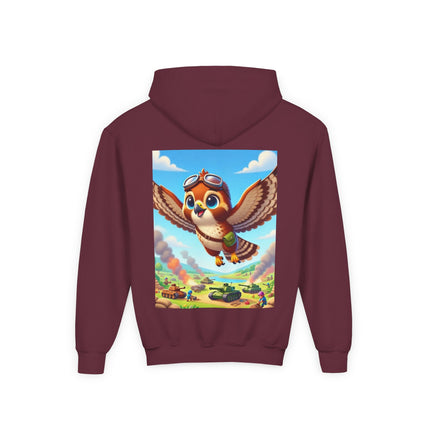 Red-Tailed Hawk in Battle Youth Hooded Sweatshirt – Flight, Courage & High-Flying Adventure