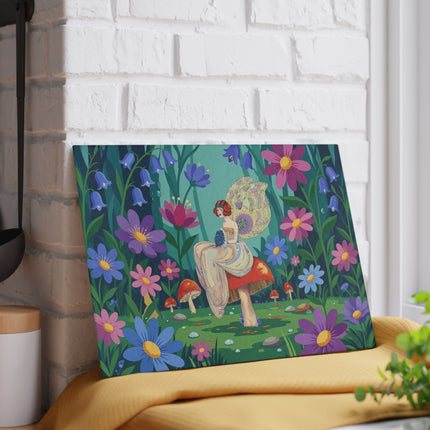 🧚🍄 The Lady Of The Enchanted Mushroom Garden Glass Cutting Board – Art Deco Fairy Garden Fantasy