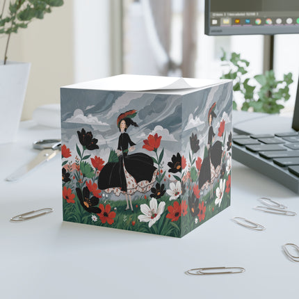 🌧️🌺 The Stormy Flower Walk Note Cube – Art Deco Floral Fashion