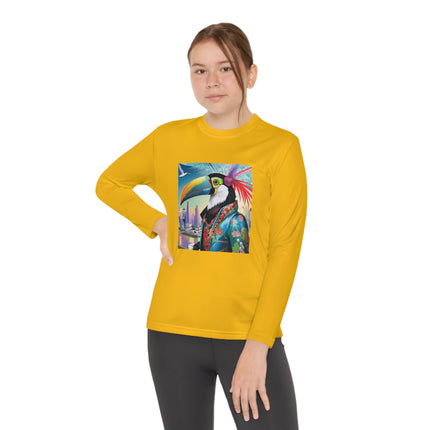 Cyber Toucan Chic Youth Long Sleeve Competitor Tee – Neon Feathers & Futuristic Style