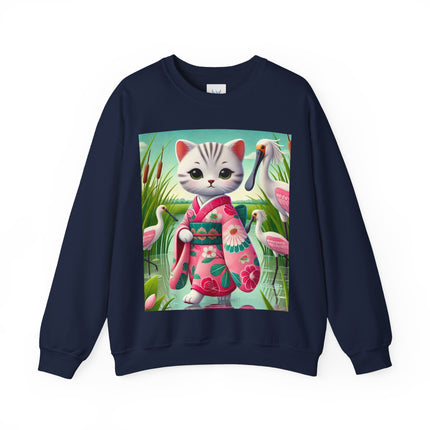 Geisha Kitten Strolls Among the Spoonbills  Unisex Heavy Blend™ Crewneck Sweatshirt