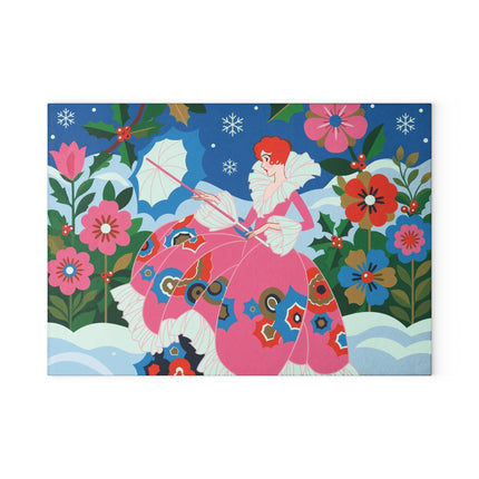 🌺❄️ The Lady Of The Enchanted Snow Glass Cutting Board – Art Deco Holiday Fantasy