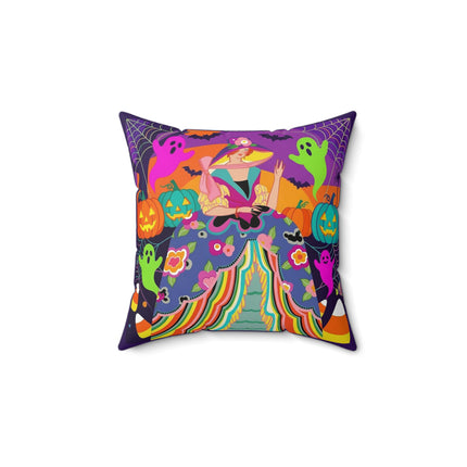🌈👻 The Rainbow Ghost Masquerade Square Pillow – Colorful Halloween Charm