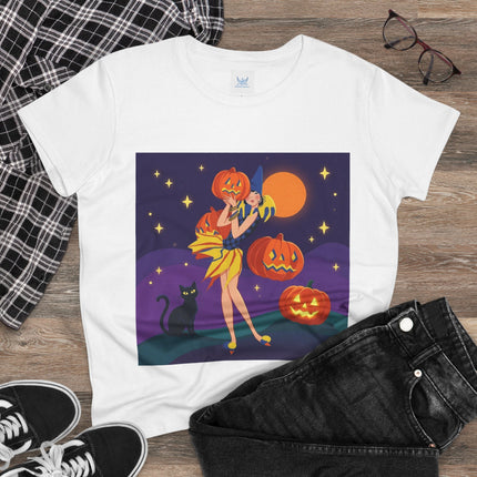 🎃🕯️ Moonlit Pumpkin Masquerade Cotton Tee – Whimsical Halloween Charm
