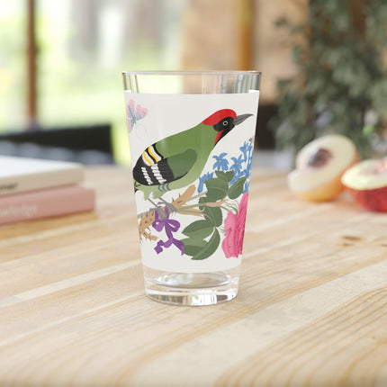 Woodpecker & Rose Pint Glass – Vibrant Spring & Bold Beauty
