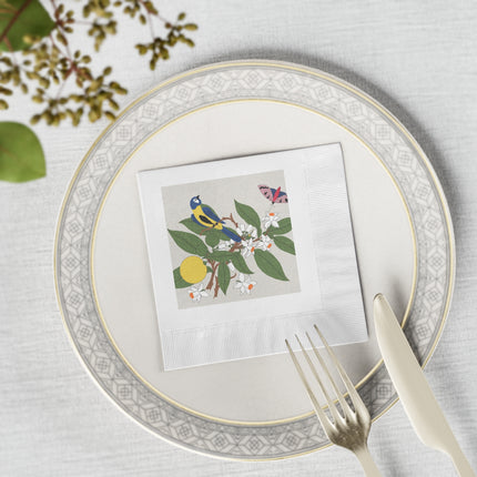 Blue Tit & Butterfly White Coined Napkins – Spring Harmony & Delicate Beauty