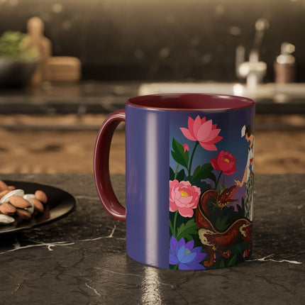 The Lady And The Garden Dragon Colorful Mugs – Art Deco Mythical Botanical Elegance