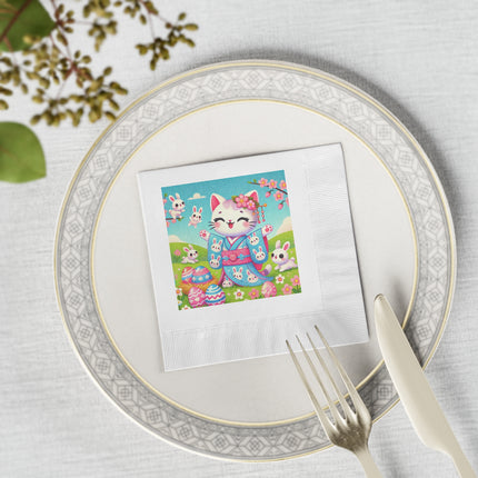 Springtime Kitten’s Easter Joy White Coined Napkins