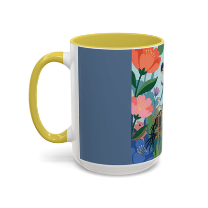 The Lady And The Mysterious Bird Colorful Mugs – Art Deco Botanical Mystery