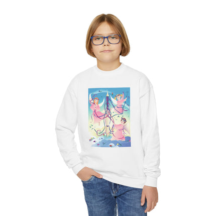 Angelic Revelry Youth Crewneck Sweatshirt – Celestial Joy & Whimsical Wonder