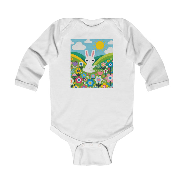 A Young Bunny’s Day Baby Long Sleeve Bodysuit – Whimsical Bunny Meadow Garden Design