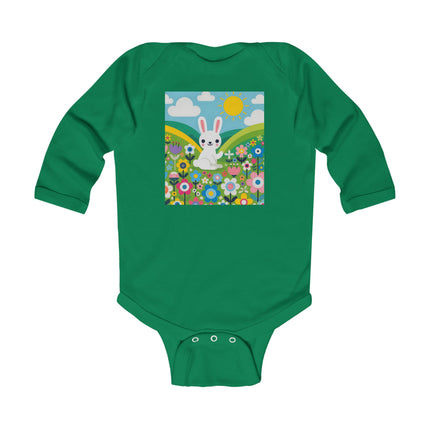 A Young Bunny’s Day Baby Long Sleeve Bodysuit – Whimsical Bunny Meadow Garden Design