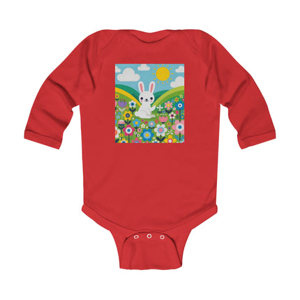 A Young Bunny’s Day Baby Long Sleeve Bodysuit – Whimsical Bunny Meadow Garden Design