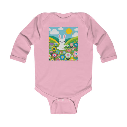 A Young Bunny’s Day Baby Long Sleeve Bodysuit – Whimsical Bunny Meadow Garden Design