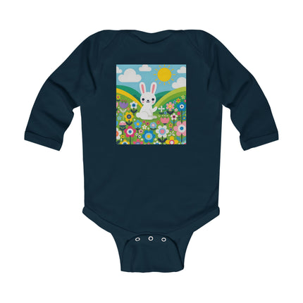 A Young Bunny’s Day Baby Long Sleeve Bodysuit – Whimsical Bunny Meadow Garden Design