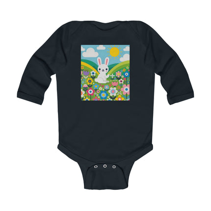 A Young Bunny’s Day Baby Long Sleeve Bodysuit – Whimsical Bunny Meadow Garden Design