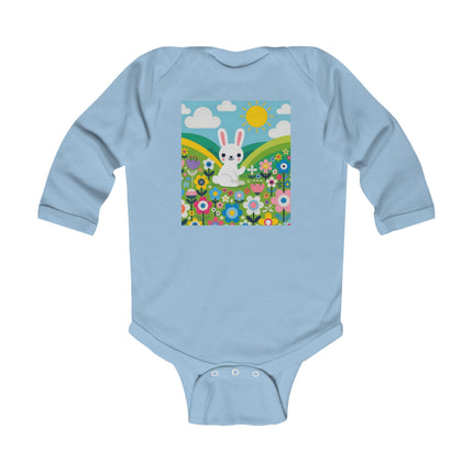 A Young Bunny’s Day Baby Long Sleeve Bodysuit – Whimsical Bunny Meadow Garden Design
