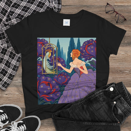 🦜💜 The Enchanted Birdcage Promenade Cotton Tee – Art Deco Floral Fantasy