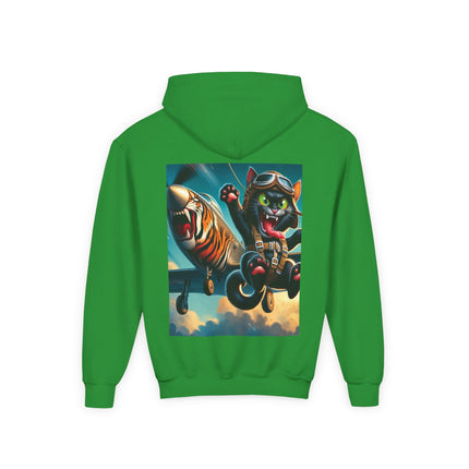 Parachuting Cat Commando Youth Hooded Sweatshirt – Action, Adventure & Wild Imagination