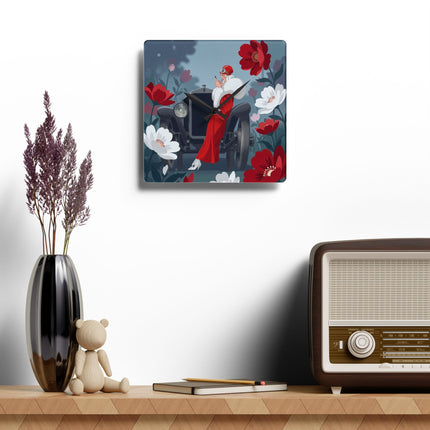🚗🌺 The Lady Of The Scarlet Roadster Acrylic Wall Clock – Art Deco Motoring Elegance