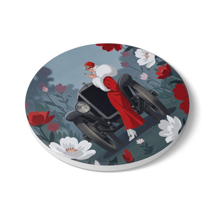 🚗🌺 The Lady Of The Grand Touring Car Ceramic Coaster – Art Deco Motoring Elegance