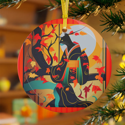 Black Cat in Kimono Glass Ornament