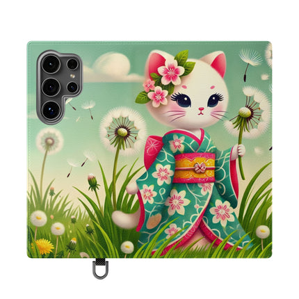 🌾🌼 Geisha Kitten and the Dandelion Wish Flip Case – Gentle Wishes & Quiet Wonder