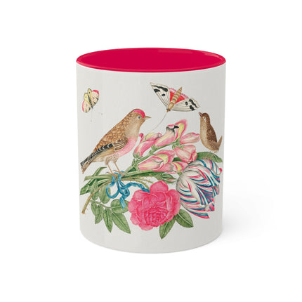Pair of Brown Birds on Bouquet with Tulip, Rose, Snapdragons, and Butterflies by Anonymous Colorful Mugs, 11oz