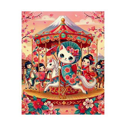 🎠🌸 Geisha Kitten's Enchanted Carousel Ride Matte Vertical Poster – Whimsical Dreams & Cherry Blossom Magic