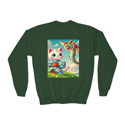 Geisha Kitten and the Dragon Kite Youth Crewneck Sweatshirt – Freedom, Motion & Playful Spirit
