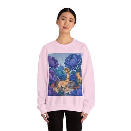 💙🌸 The Lady Among The Blue Blossoms Crewneck Sweatshirt – Art Deco Floral Reverie